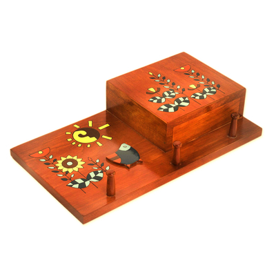 Soporte para letras y llaves de madera - Portacartas y llavero de madera de pino con flores amarillas de pájaro verde