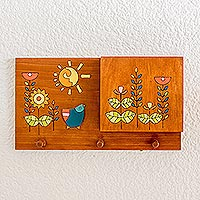 Soporte para letras y llaves de madera - Portacartas y llavero de madera de pino con flores amarillas de pájaro azul