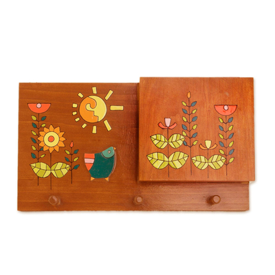 Blue Bird Yellow Flowers Pinewood Letter and Key Holder