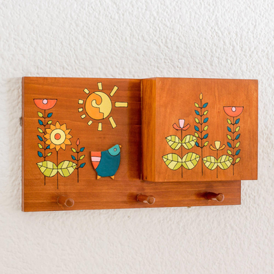 Brief- und Schlüsselhalter aus Holz - Brief- und Schlüsselhalter aus Kiefernholz mit blauem Vogel und gelben Blumen