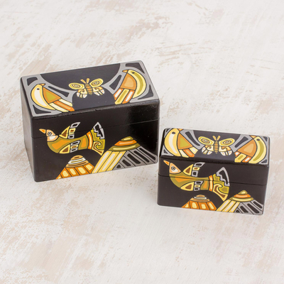 Wood decorative boxes, 'Mountain Friends' (pair) - Black with Painted Birds Rectangular Pinewood Boxes (Pair)