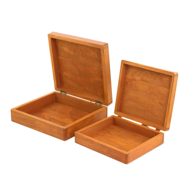 Wood decorative boxes, 'Glorious Tree' (pair) - Square Pinewood Flowering Tree Decorative Boxes (Pair)