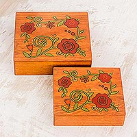 Wood decorative boxes, 'Glorious Garden' (pair) - Square Pinewood Red-Orange Flowers Decorative Boxes (Pair)