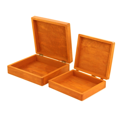 Wood decorative boxes, 'Glorious Garden' (pair) - Square Pinewood Red-Orange Flowers Decorative Boxes (Pair)