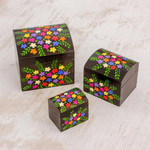 Wood mini decorative boxes, 'Floral Treasures' (set of 3) - Multi-Color Floral Dark Pinewood Decorative Boxes (Set of 3)