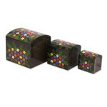 Wood mini decorative boxes, 'Floral Treasures' (set of 3) - Multi-Color Floral Dark Pinewood Decorative Boxes (Set of 3)