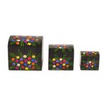 Wood mini decorative boxes, 'Floral Treasures' (set of 3) - Multi-Color Floral Dark Pinewood Decorative Boxes (Set of 3)