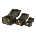 Wood mini decorative boxes, 'Floral Treasures' (set of 3) - Multi-Color Floral Dark Pinewood Decorative Boxes (Set of 3)