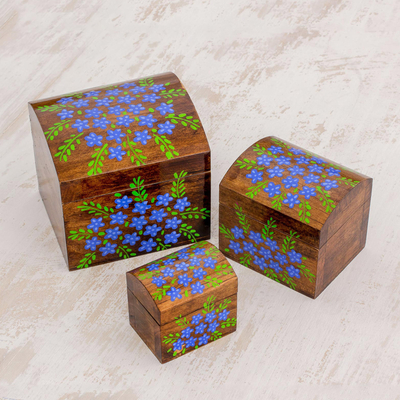 Wood mini decorative boxes, 'Garden Treasures' (set of 3) - Handcrafted Blue Floral Pinewood Decorative Boxes (Set of 3)