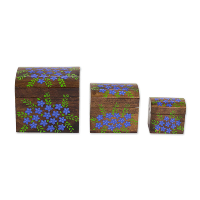Mini-Dekorationskisten aus Holz, 'Gartenschätze' (3er-Satz) - Handgefertigte dekorative Schachteln aus blauem Blumenkiefernholz (3er-Satz)