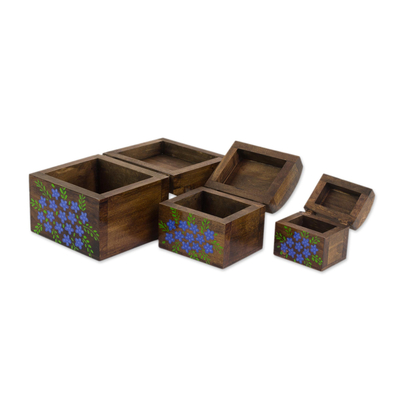 Wood mini decorative boxes, 'Garden Treasures' (set of 3) - Handcrafted Blue Floral Pinewood Decorative Boxes (Set of 3)