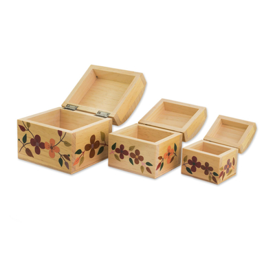 Wood mini decorative boxes, 'Songbird Treasures' (set of 3) - Colorful Floral Light Pinewood Decorative Boxes (Set of 3)