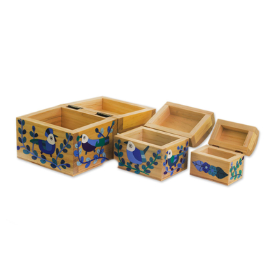 Wood mini decorative boxes, 'Forest Treasures' (set of 3) - Blue Floral Birds Light Pinewood Decorative Boxes (Set of 3)