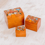 Wood decorative boxes, 'Lively Tree' (set of 3) - Pinewood Decorative Boxes with Bird and Tree Motifs (3)