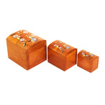Wood decorative boxes, 'Lively Tree' (set of 3) - Pinewood Decorative Boxes with Bird and Tree Motifs (3)