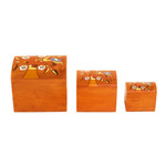 Wood decorative boxes, 'Lively Tree' (set of 3) - Pinewood Decorative Boxes with Bird and Tree Motifs (3)