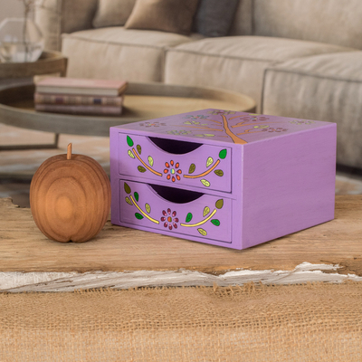 Wood Jewellery chest, 'Natural Delicacy' - Floral Tree Pinewood Jewellery Ches in Purple from El Salvador