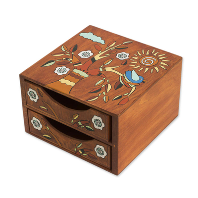 Pinewood Jewelry Box with Bird and Tree Motifs