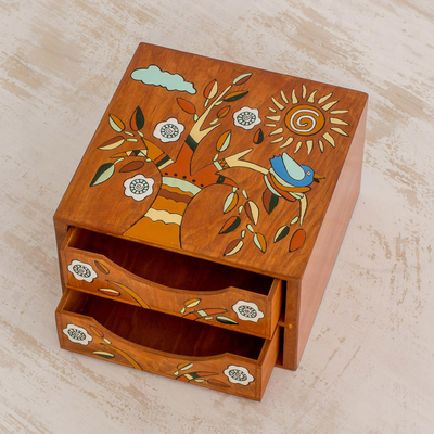 Wood jewelry box, 'Lively Tree' - Pinewood Jewelry Box with Bird and Tree Motifs