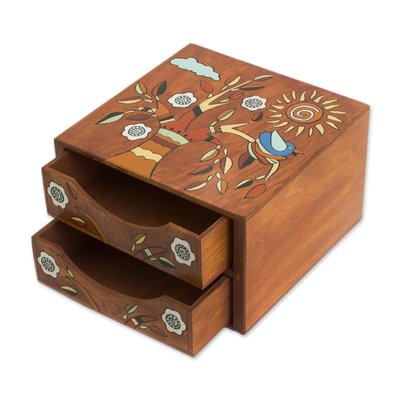 Joyero de madera - Joyero de madera de pino con motivos de pájaros y árboles