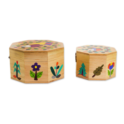 Wood decorative boxes, 'God's Nature' (pair) - Pair of Pinewood Decorative Boxes with Bird Motifs
