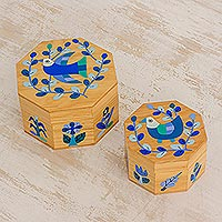 Wood decorative boxes, 'God's Nature in Blue' (pair) - Pair of Pinewood Decorative Boxes with Bird Motifs in Blue