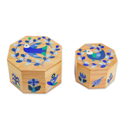 Wood decorative boxes, 'God's Nature in Blue' (pair) - Pair of Pinewood Decorative Boxes with Bird Motifs in Blue