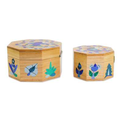 Cajas decorativas de madera, (par) - Par de Cajas Decorativas de Madera de Pino con Motivos de Aves en Azul