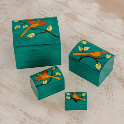 Wood decorative boxes, 'Between Branches' (set of 4) - Bird Motifs Pinewood Decorative Boxes in Green (4)