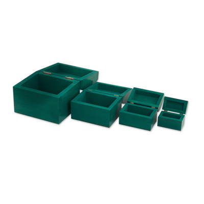 Wood decorative boxes, 'Between Branches' (set of 4) - Bird Motifs Pinewood Decorative Boxes in Green (4)