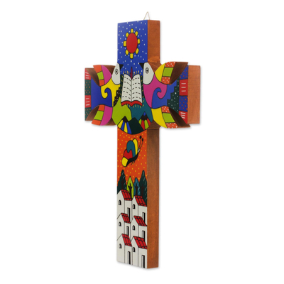 Holzwandkreuz, 'Heiliges Buch - Handbemaltes Wandkreuz aus Kiefernholz aus El Salvador