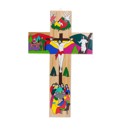 Hand-Painted Pinewood Wall Cross of Jesus from El Salvador