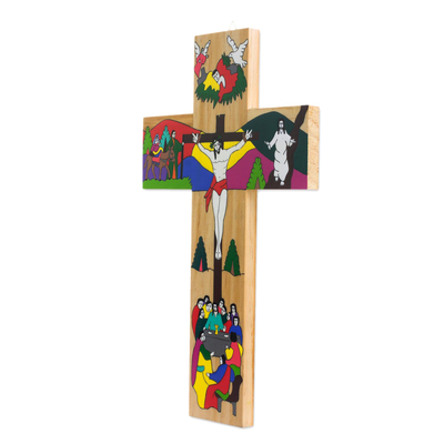 Wood wall cross, 'The Life of Jesus' - Hand-Painted Pinewood Wall Cross of Jesus from El Salvador