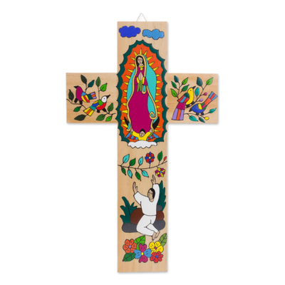 Hand-Painted Pinewood Wall Cross of Mary from El Salvador