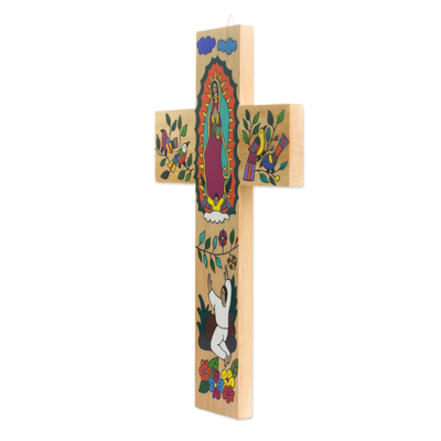 Wood wall cross, 'Virgin of Guadalupe and Juan Diego' - Hand-Painted Pinewood Wall Cross of Mary from El Salvador