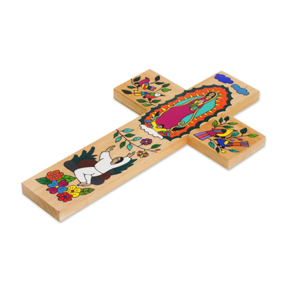 Wood wall cross, 'Virgin of Guadalupe and Juan Diego' - Hand-Painted Pinewood Wall Cross of Mary from El Salvador