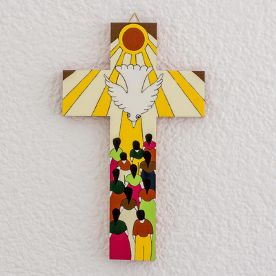 Wood wall cross, 'Giver of Life' - Hand-Painted Pinewood Wall Cross of the Holy Spirit
