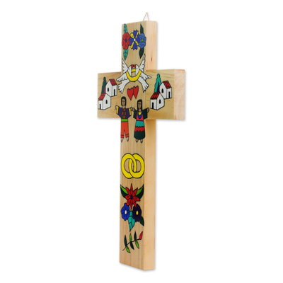 Cruz de pared de madera, 'Unión Sagrada' - Cruz de pared de madera de pino con temática matrimonial de El Salvador