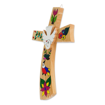 Wood wall cross, 'Beauty and Purity' - Hand-Painted Bird Motif Pinewood Wall Cross from El Salvador