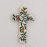 Wood wall cross, 'Holy Birds' - Bird and Leaf Motif Pinewood Wall Cross from El Salvador