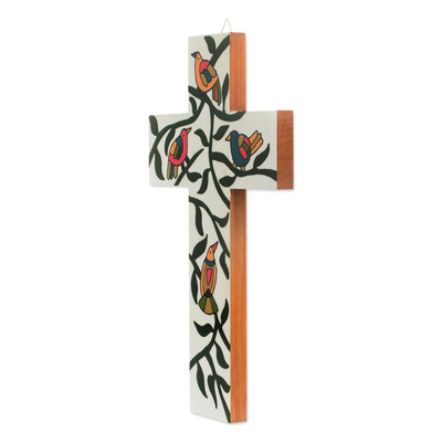 Wood wall cross, 'Holy Birds' - Bird and Leaf Motif Pinewood Wall Cross from El Salvador