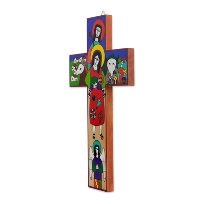 Wood wall cross, 'Birth of Jesus' - Hand-Painted Nativity Pinewood Wall Cross from El Salvador