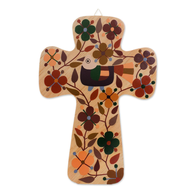 Bird and Floral Motif Pinewood Wall Cross in Brown
