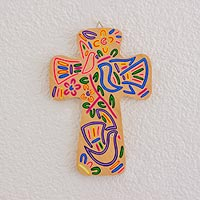 Wood wall cross, 'Colorful Beauty in Brown'