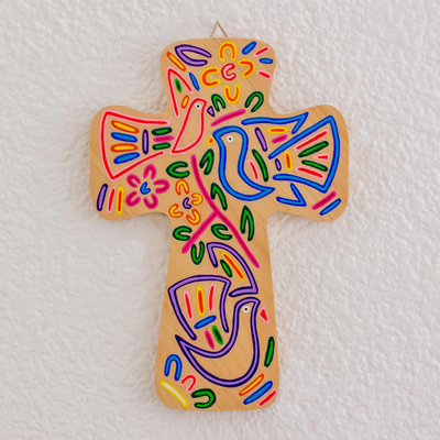 Wood wall cross, 'Colorful Beauty in Brown' - Brown Pinewood Wall Cross with Bird Motifs from El Salvador