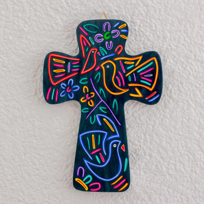 Wood wall cross, 'Colorful Beauty in Blue' - Blue Pinewood Wall Cross with Bird Motifs from El Salvador