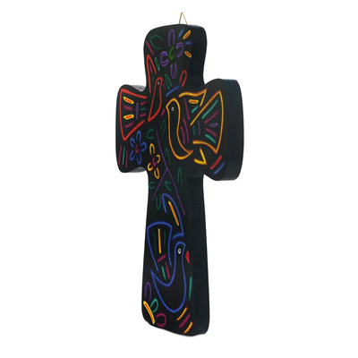 Wood wall cross, 'Colorful Beauty in Blue' - Blue Pinewood Wall Cross with Bird Motifs from El Salvador