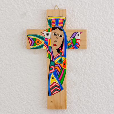 Holzwandkreuz, 'Tugendhafte Frau' - Handbemaltes Wandkreuz aus Kiefernholz aus El Salvador