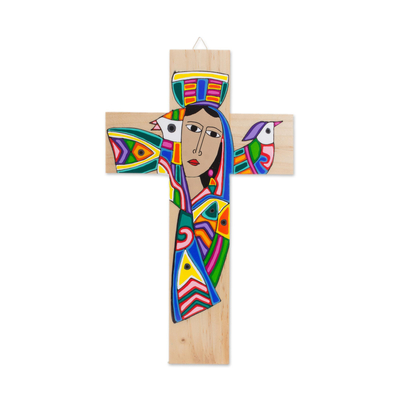 Wood wall cross, 'Virtuous Woman' - Hand-Painted Pinewood Wall Cross from El Salvador