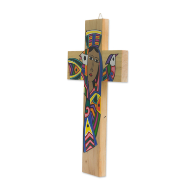 Wood wall cross, 'Virtuous Woman' - Hand-Painted Pinewood Wall Cross from El Salvador